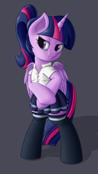 Size: 1080x1920 | Tagged: safe, artist:andelai, twilight sparkle, alicorn, pony, g4, adorasexy, adorkable, bedroom eyes, bipedal, clothes, cute, dork, female, kneesocks, mare, pleated skirt, ponytail, school uniform, sexy, shirt, simple background, skirt, socks, solo, thigh highs, twilight sparkle (alicorn), zettai ryouiki