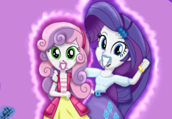 Size: 3140x2170 | Tagged: safe, artist:liniitadash23, rarity, sweetie belle, equestria girls, forever filly, g4, bracelet, clothes, cute, equestria girls interpretation, fist, happy, high res, messy eating, scene interpretation, show accurate, sisters, skirt, smiling