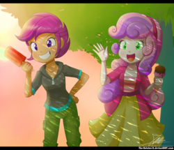 Size: 2096x1804 | Tagged: safe, artist:the-butch-x, scootaloo, sweetie belle, equestria girls, g4, clothes, commission, duo, food, grin, hand on hip, ice cream, open mouth, popsicle, signature, smiling, tree, waving