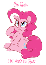 Size: 1000x1400 | Tagged: safe, artist:notenoughapples, pinkie pie, earth pony, pony, g4, cute, diapinkes, eye clipping through hair, female, ponk, redraw, scrunchy face, simple background, sitting, solo, thinking, to be or not to be, transparent background, underhoof, william shakespeare