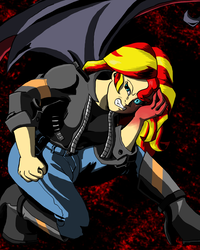 Size: 2400x3000 | Tagged: safe, artist:gogglespizano, sunset shimmer, equestria girls, g4, clothes, darkness within, female, high res, inner demons, jacket, leather jacket, pants, solo, struggling, sunset satan, transformation, wings