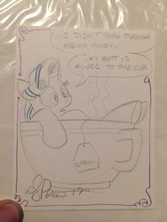 Size: 768x1024 | Tagged: safe, artist:andy price, artist:ramivic, starlight glimmer, pony, unicorn, g4, cup, cup of pony, female, food, honey, lipton's tea, mare, micro, monochrome, solo, stuck, teacup, traditional art