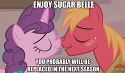 Size: 981x573 | Tagged: safe, edit, edited screencap, screencap, big macintosh, sugar belle, earth pony, pony, g4, hard to say anything, boop, female, hilarious in hindsight, male, mare, noseboop, op is a duck, op is trying to start shit, ship:sugarmac, shipping, stallion, straight