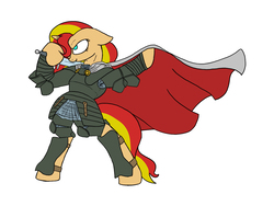 Size: 1000x750 | Tagged: safe, artist:slamjam, sunset shimmer, pony, semi-anthro, g4, 4chan, armor, cape, clothes, drawthread, female, solo, sword, weapon