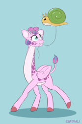 Size: 667x1000 | Tagged: safe, artist:empyu, princess flurry heart, whammy, giraffe, g4, balloon, blue background, cute, female, flurrybetes, giraffied, mouth hold, simple background, solo, species swap