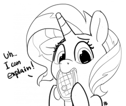 Size: 1280x1076 | Tagged: safe, artist:pabbley, sunset shimmer, pony, unicorn, g4, 30 minute art challenge, caught, dialogue, female, food, lineart, meat, monochrome, omnivore sunset, ponies eating meat, simple background, solo, steak, subversion, subverted meme, sunset wants her old digestive system back, white background