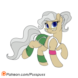 Size: 1000x1000 | Tagged: safe, artist:pusspuss, mayor mare, pony, g4, alternate hairstyle, clothes, female, patreon, patreon logo, ponytail, raised hoof, simple background, solo, sports shorts, sweatband, tank top, transparent background