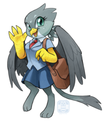 Size: 590x677 | Tagged: safe, artist:catbeecache, gabby, griffon, anthro, g4, clothes, cute, female, gabbybetes, mailbag, necktie, shirt, simple background, skirt, solo, waving, white background