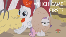 Size: 1236x692 | Tagged: safe, edit, edited screencap, screencap, rarity, sweetie belle, pony, unicorn, forever filly, g4, season 7, animal costume, chicken suit, clothes, costume, eggbelle, rarichicken, sweetie belle is not amused, text