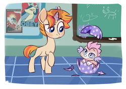 Size: 831x586 | Tagged: safe, artist:kapusha-blr, oc, oc only, dragon, pony, unicorn, baby dragon, chalkboard, egg, eggshell, hatching