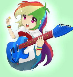 Size: 1024x1082 | Tagged: safe, artist:benwang89, artist:lilimani8, rainbow dash, human, g4, clothes, electric guitar, female, guitar, humanized, musical instrument, school uniform, signature, solo, style emulation, trace