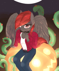 Size: 2000x2400 | Tagged: safe, artist:chapaevv, oc, oc only, oc:spiral night, anthro, clothes, fangs, female, halloween, high res, holiday, jack-o-lantern, jeans, looking at you, moon, night, pants, pumpkin, red hair, solo, stars, tentacles