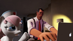 Size: 4800x2700 | Tagged: safe, artist:photomix3r, nurse redheart, human, g4, 3d, apple (company), computer, crossover, high res, lamp, laptop computer, macbook, macintosh (computer), medic, medic (tf2), poster, raised hoof, room, source filmmaker, team fortress 2