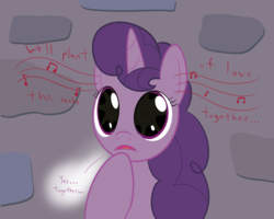 Size: 1000x800 | Tagged: safe, artist:mightyshockwave, sugar belle, pony, g4, hard to say anything, dialogue, dilated pupils, female, hypnosis, hypnotized, implied big macintosh, singing, solo, song, swirly eyes