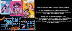 Size: 1742x747 | Tagged: safe, artist:brendahickey, edit, idw, part of a set, pinkie pie, twilight sparkle, alicorn, pony, g4, spoiler:comic, spoiler:comicff12, female, mare, pac-man, phenomnomenons, story included, text, text edit, twilight sparkle (alicorn)