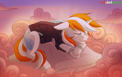 Size: 1500x955 | Tagged: safe, artist:redchetgreen, oc, oc only, oc:neon flame, pony, unicorn, clothes, cloud, floppy ears, male, pillow, prone, sleeping, smiling, solo, stallion, sunlight