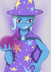 Size: 595x842 | Tagged: safe, artist:afhybrid, trixie, unicorn, anthro, g4, female, grin, magic, smiling, solo
