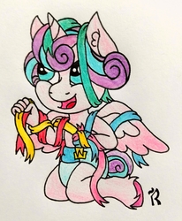 Size: 2821x3417 | Tagged: safe, artist:dawn-designs-art, princess flurry heart, anthro, unguligrade anthro, g4, baby, diaper, female, high res, open mouth, ribbon, solo, traditional art, unshorn fetlocks