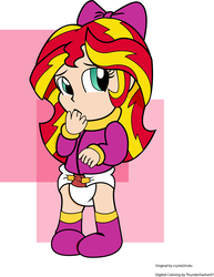 Size: 1441x1871 | Tagged: safe, artist:crystal2riolu, artist:thunderdasher07, sunset shimmer, equestria girls, g4, baby, babyset shimmer, bow, cute, diaper, female, hnnng, human coloration, shimmerbetes, solo, younger