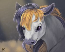 Size: 1010x814 | Tagged: safe, artist:spirit-alu, horse, pony, bust, hoers, portrait, purple eyes, realistic, smiling, solo