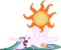 Size: 470x385 | Tagged: safe, artist:8-bitbrony, princess celestia, alicorn, pony, g4, cute, cutelestia, female, happy, legs in air, mare, missing accessory, ms paint, on back, one eye closed, open mouth, pixel art, playing, sillestia, silly, simple background, smiling, solo, sprite, sun, tangible heavenly object, transparent background, wink