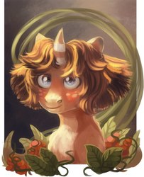 Size: 1249x1535 | Tagged: safe, artist:spirit-alu, oc, oc only, pony, unicorn, bust, curved horn, freckles, horn, leaves, portrait, smiling, solo