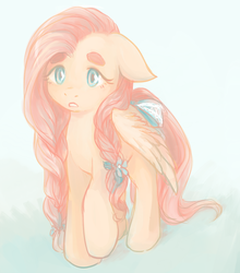 Size: 934x1062 | Tagged: safe, artist:awataguchi, fluttershy, pegasus, pony, g4, beanbrows, bow, braid, eyebrows, female, floppy ears, looking at something, open mouth, pastel colors, raised eyebrow, raised hoof, simple background, solo, standing, tail bow, white background, wings