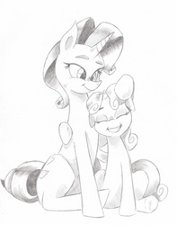 Size: 713x906 | Tagged: safe, artist:saturdaymorningproj, rarity, sweetie belle, pony, unicorn, forever filly, g4, duo, grayscale, hug, monochrome, simple background, sisters, sitting, traditional art