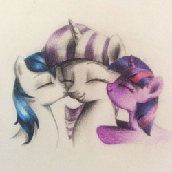 Size: 1936x1936 | Tagged: safe, artist:oofycolorful, shining armor, twilight sparkle, twilight velvet, pony, unicorn, g4, cheek kiss, eyes closed, kissing, mother and daughter, mother and son, mother's day, platonic kiss, simple background, traditional art, unicorn twilight