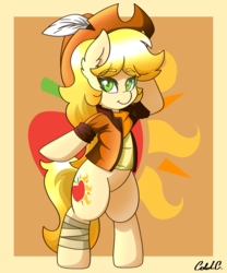 Size: 2000x2400 | Tagged: safe, artist:ciderpunk, oc, oc only, oc:applesunrise, earth pony, pony, bandage, clothes, colored pupils, cowboy hat, cutie mark, feather, hat, high res, solo, standing