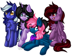 Size: 1228x949 | Tagged: safe, artist:sketchyhowl, oc, oc only, oc:little lynx, earth pony, pegasus, pony, unicorn, chest fluff, female, mare, prone, simple background, transparent background