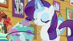 Size: 1920x1080 | Tagged: safe, screencap, rarity, pony, forever filly, g4, discovery family logo, eating, female, magic, mare, mint, solo, telekinesis