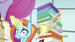 Size: 1920x1080 | Tagged: safe, screencap, sassy saddles, pony, unicorn, forever filly, g4, book, discovery family logo, female, magic, mare, notepad, quill, solo, telekinesis