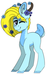 Size: 2777x4424 | Tagged: safe, artist:maximkoshe4ka, oc, oc only, deer pony, original species, flower, flower in hair, high res, horns, looking at you, male, one eye closed, simple background, smiling, smiling at you, solo, transparent background, wink, winking at you