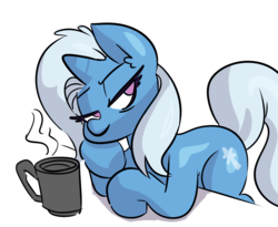 Size: 1280x1051 | Tagged: safe, artist:fauxsquared, trixie, pony, unicorn, g4, bags under eyes, bedroom eyes, coffee mug, female, leaning, lidded eyes, looking at you, mug, no pupils, simple background, solo, steam, tired, white background