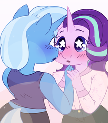 Size: 1050x1200 | Tagged: safe, artist:bubbelyn, starlight glimmer, trixie, unicorn, anthro, g4, .psd available, blushing, female, lesbian, ship:startrix, shipping, starry eyes, wingding eyes