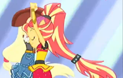 Size: 1455x921 | Tagged: safe, screencap, applejack, sunset shimmer, dance magic, equestria girls, equestria girls specials, g4, alternate hairstyle, clothes, dancing, duo, eyes closed, female, hat, ponied up, skirt