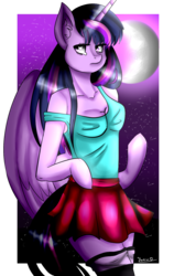 Size: 705x1112 | Tagged: safe, artist:yanafox123, twilight sparkle, alicorn, anthro, unguligrade anthro, g4, arm hooves, breasts, cleavage, clothes, cute, female, heart eyes, moon, night, off shoulder, skirt, socks, solo, stars, tank top, thigh highs, twilight sparkle (alicorn), wingding eyes, zettai ryouiki