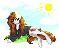 Size: 1280x1041 | Tagged: safe, artist:fomixtl, oc, oc only, earth pony, pony, clothes, female, flower, grass, hoodie, mare, prone, solo, sun