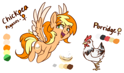 Size: 1052x626 | Tagged: safe, artist:spacechickennerd, oc, oc only, oc:chickpea, oc:porridge, chicken, pegasus, pony, female, mare, pet, pet oc, reference sheet, simple background, transparent background
