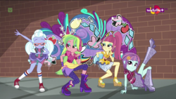 Size: 1600x900 | Tagged: safe, screencap, lemon zest, sour sweet, sugarcoat, sunny flare, equestria girls, equestria girls specials, g4, my little pony equestria girls: dance magic, boots, clothes, converse, crystal prep shadowbolts, cute, cutie mark, dance magic (song), ear piercing, earring, eyes closed, female, freckles, glasses, graffiti, group, headphones, high heel boots, high heels, jewelry, piercing, pose, raised leg, shoes, skirt, sneakers, socks, teletoon, tutu