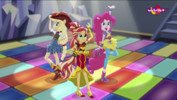 Size: 1600x900 | Tagged: safe, screencap, applejack, pinkie pie, sunset shimmer, human, equestria girls, equestria girls specials, g4, my little pony equestria girls: dance magic, alternate hairstyle, boots, clothes, cowboy hat, dance floor, dance magic (song), flamenco dress, hat, high heel boots, high heels, ponied up, pose, shoes, standing, standing on one leg, stetson, sunset shimmer flamenco dress, teletoon, tutu