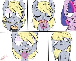 Size: 960x767 | Tagged: safe, artist:misssmilehaas, derpy hooves, twilight sparkle, alicorn, pony, semi-anthro, g4, bipedal, chest fluff, comic, crying, floppy ears, food, happy, licking, licking lips, magic, muffin, muffin denial, pure unfiltered evil, sad, tongue out, twibitch sparkle, twilight sparkle (alicorn)