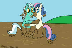 Size: 1026x686 | Tagged: safe, alternate version, artist:amateur-draw, bon bon, lyra heartstrings, sweetie drops, earth pony, pony, g4, female, lesbian, ms paint, mud, muddy, ship:lyrabon, shipping