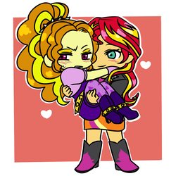 Size: 1000x1000 | Tagged: safe, artist:raika0306, adagio dazzle, sunset shimmer, equestria girls, g4, my little pony equestria girls: rainbow rocks, blushing, bridal carry, chibi, clothes, cute, female, lesbian, ship:sunsagio, shipping, smiling