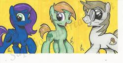 Size: 960x497 | Tagged: safe, artist:ponygoddess, artist:ramivic, oc, oc only, oc:broccoli stalk, oc:crescent song, oc:vanilla flan, earth pony, pegasus, pony, unicorn, my little pony fair, family, glasses, markers, traditional art, twins