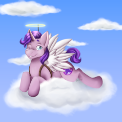 Size: 2000x2000 | Tagged: safe, artist:carrscrap, oc, oc only, oc:northern flame, pony, unicorn, cloud, commission, fake halo, fake wings, halo, high res, male, one eye closed, prone, solo, stallion, wink, ych result