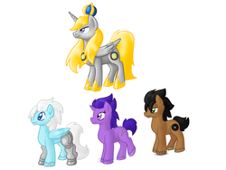 Size: 1024x768 | Tagged: safe, artist:usagi-zakura, oc, oc:fidget, oc:king argentum, oc:night vigil, oc:stormglaze, oc:street sense, pony, crossover