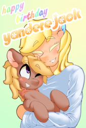 Size: 1280x1896 | Tagged: dead source, safe, artist:theobrobine, applejack, oc, oc:colt surly, pony, anthro, g4, anthro with ponies, clothes, eyes closed, female, gift art, hug, mare, one eye closed, smiling, yandere, yanderejack