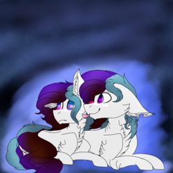 Size: 2560x2560 | Tagged: safe, artist:brokensilence, oc, oc only, oc:meridian cleff, oc:mira songheart, pony, blushing, chest fluff, duality, high res, licking, prone, self ponidox, selfcest, shipping, tongue out